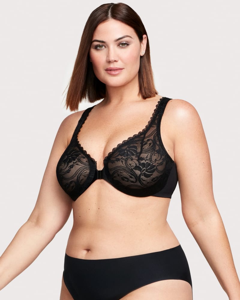 Front of a model wearing a size 38G WonderWire Front-Closure Stretch Lace Bra in Black by Glamorise. | dia_product_style_image_id:263065
